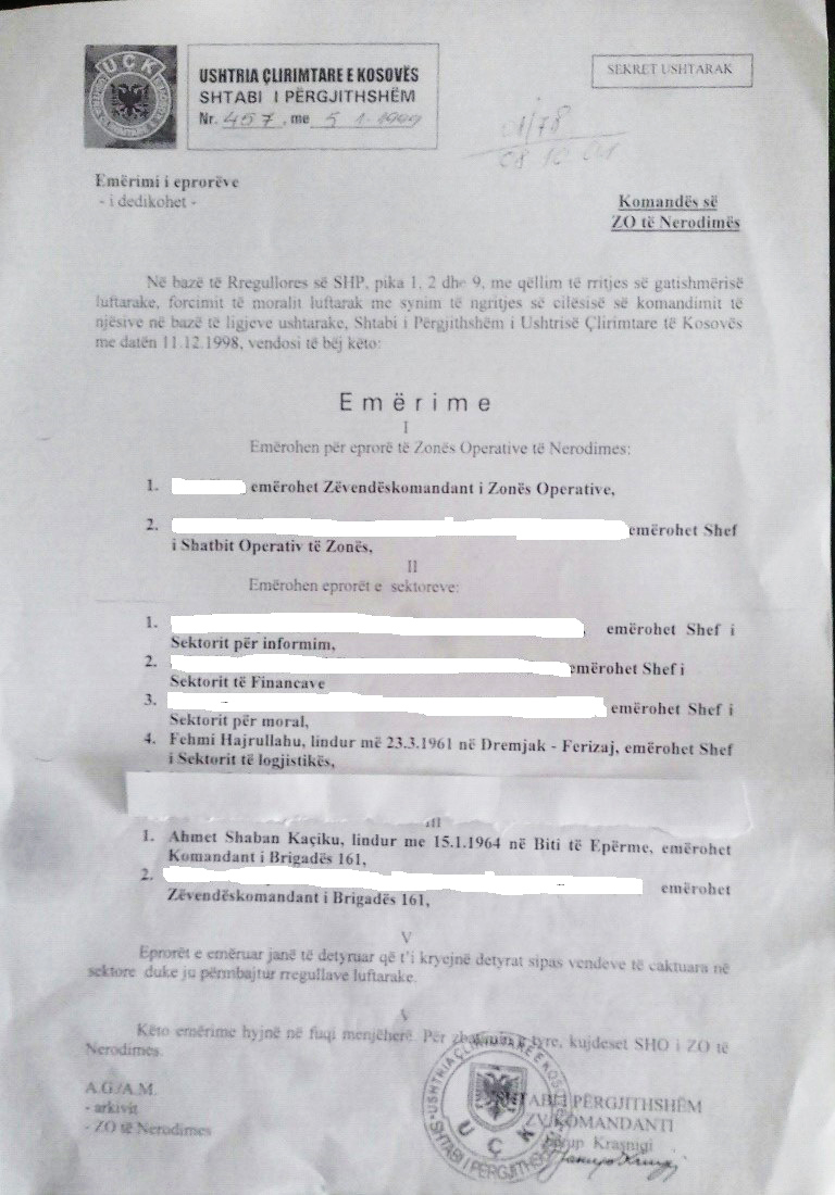 Vendim i Shtabit të Përgjithshëm të Ushtrisë Çlirimtare të Kosovës për emërimet e eprorëve të Zonës Operative të Nerodimes, ndër të cilët edhe Fehmi Hajrullahu si Shef i Sektorit të logjistikës për këtë Zonë UÇK-së.