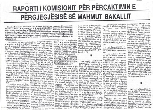 Kopja e gazetës Rilindja ku u publikua ”Raporti i Komisionit për përcaktimin e përgjegjësisë së Mahmut Bakallit”